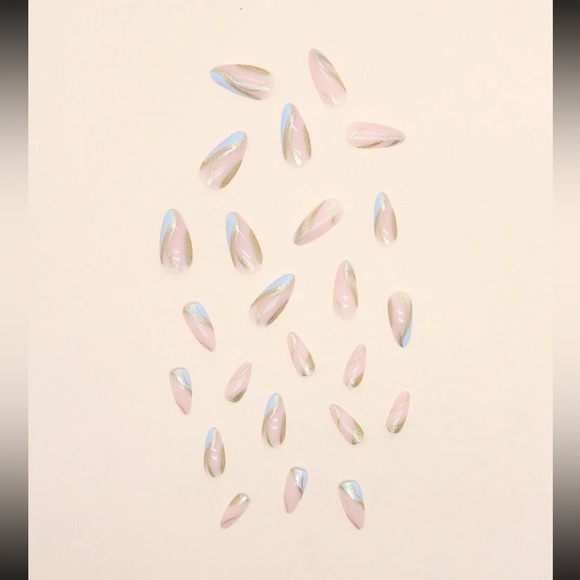 24pcs Long Almond Golden Line Glitter Print Press On Nail Set❤️ - Picture 5 of 7